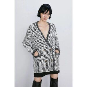 ZARA Oversize Double Breast Long Sleeve Tweed Cardigan Sweater/Jacket BLK/WHT M